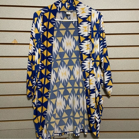 The Zig Zag Stripe Knit Cardigan Blue Yellow White Aztec Open‎ Front Pockets - Picture 1 of 8